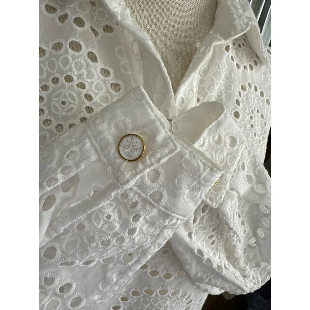 Cartolina Nantucket Beach Coverup Womens Large White Eyelet Dress Collared Pool_10